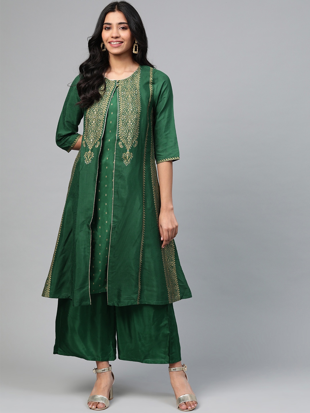 

W Women Green & Golden Layered Printed Kurta with Palazzos