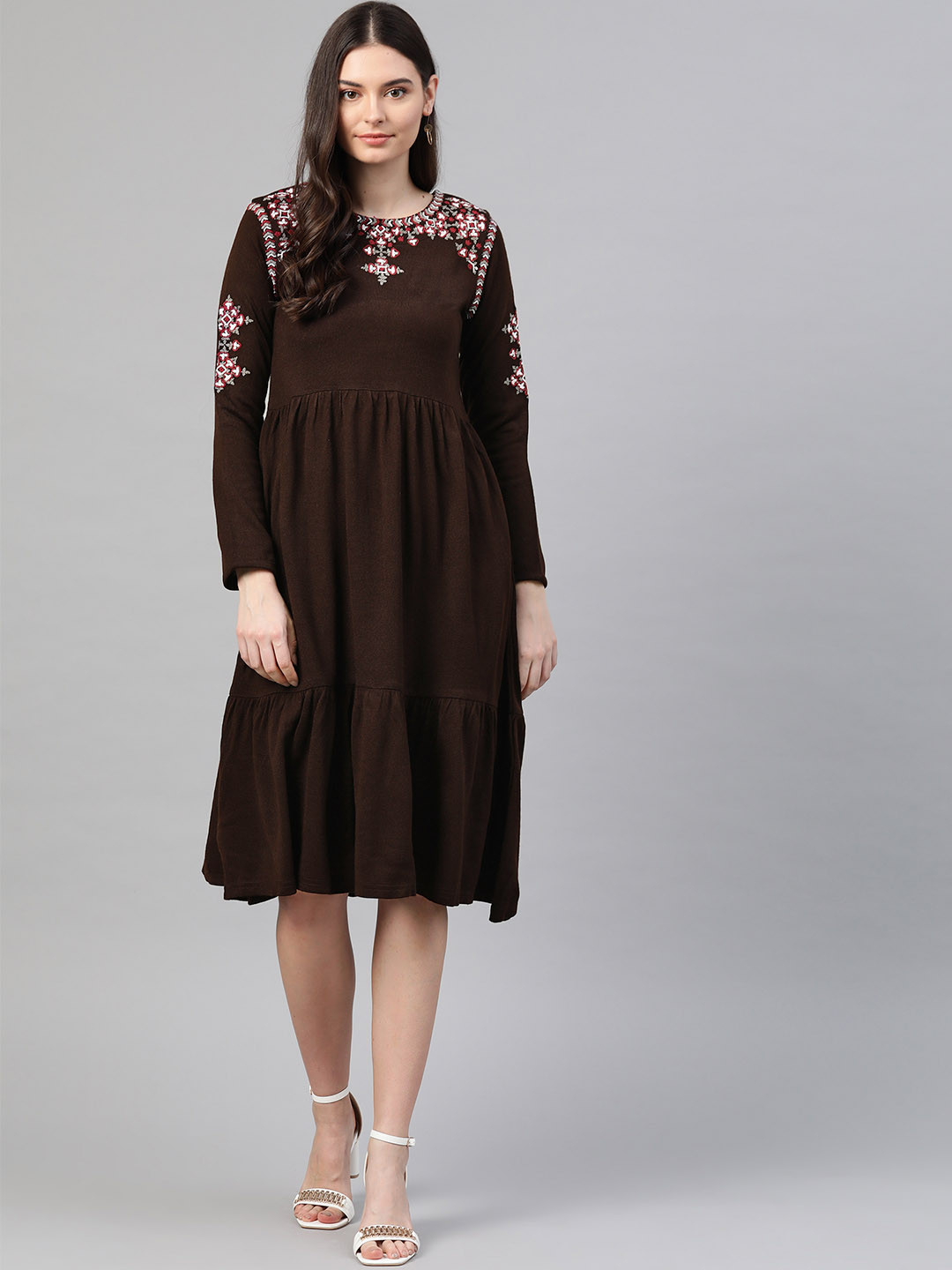 

W Women Brown Embroidered Detail A-Line Winter Dress
