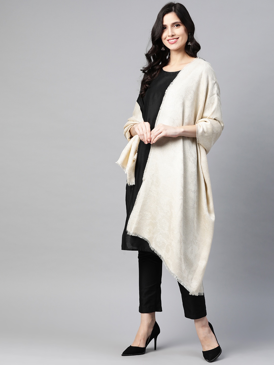 

W Women Off White Ethnic Motifs Woven Design Ecru Wool Jacquard Shawl