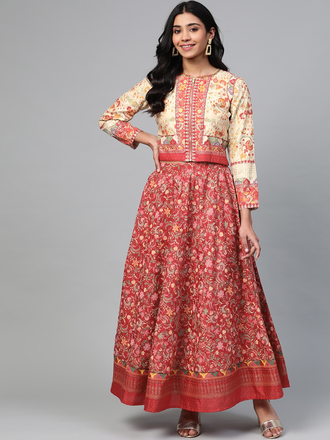 

W Women Red & Cream-Coloured Printed Top with Skirt
