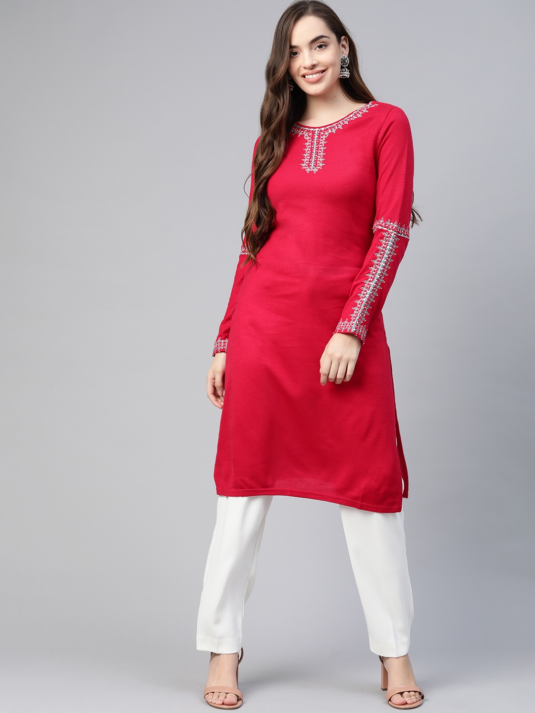 

W Women Pink Solid Kurta With Thread Work