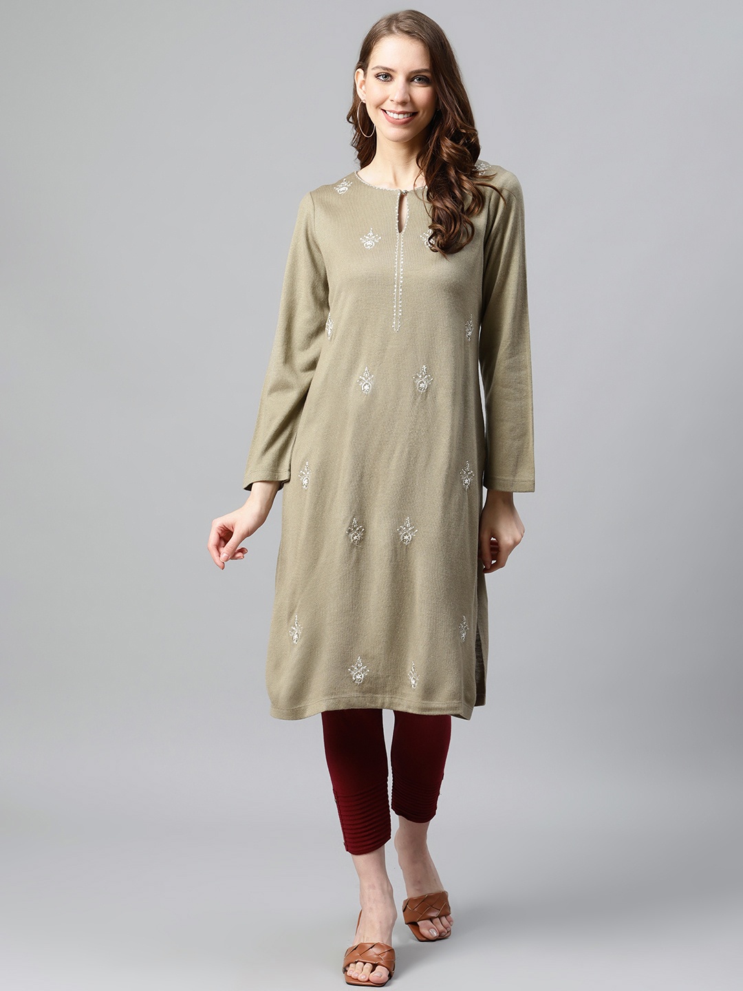 

W Women Taupe Ethnic Motifs Embroidered Keyhole Neck Winter Kurta
