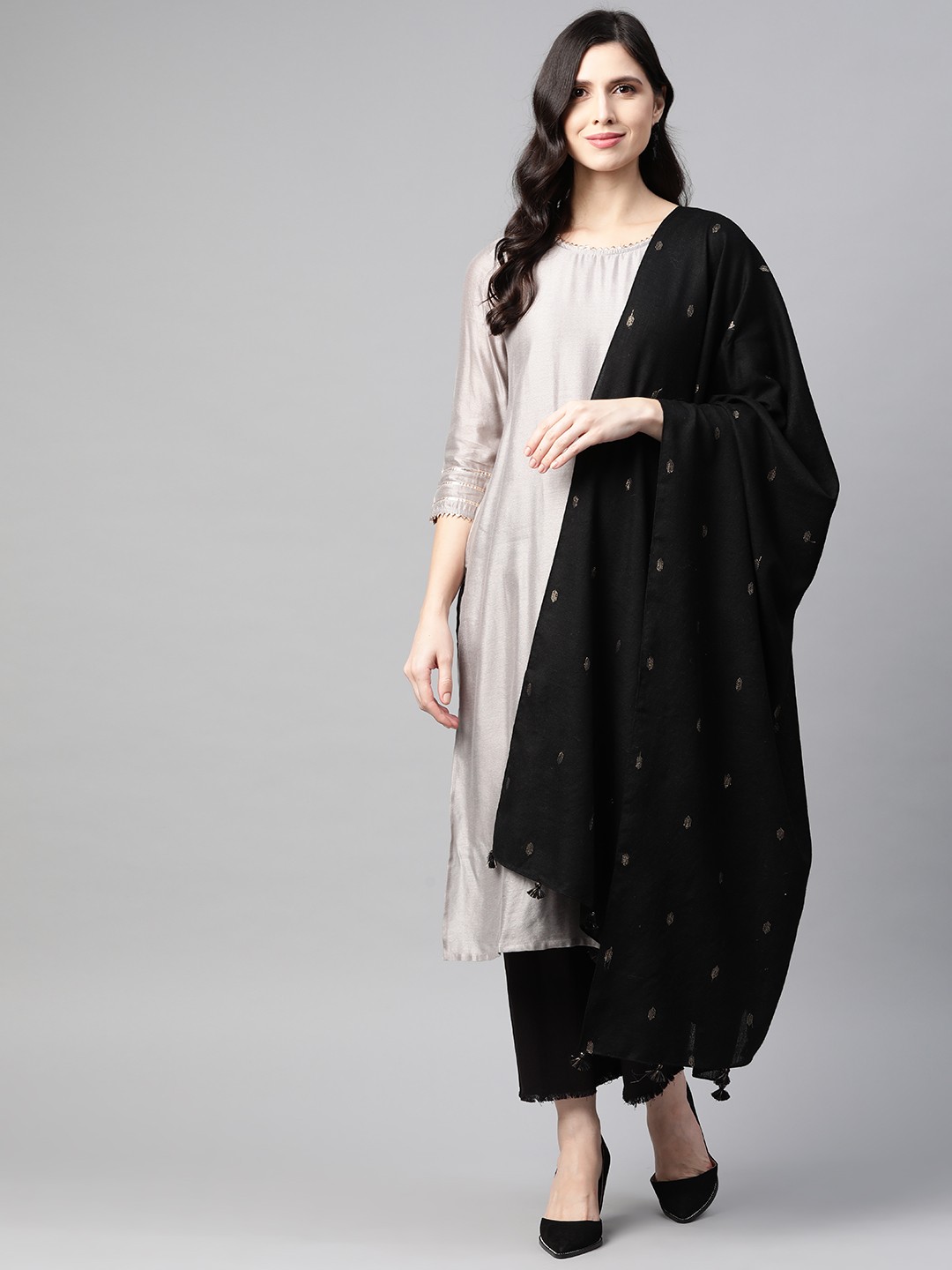 

W Women Black & Silver Geometric Woven Design Jacquard Wool Shawl
