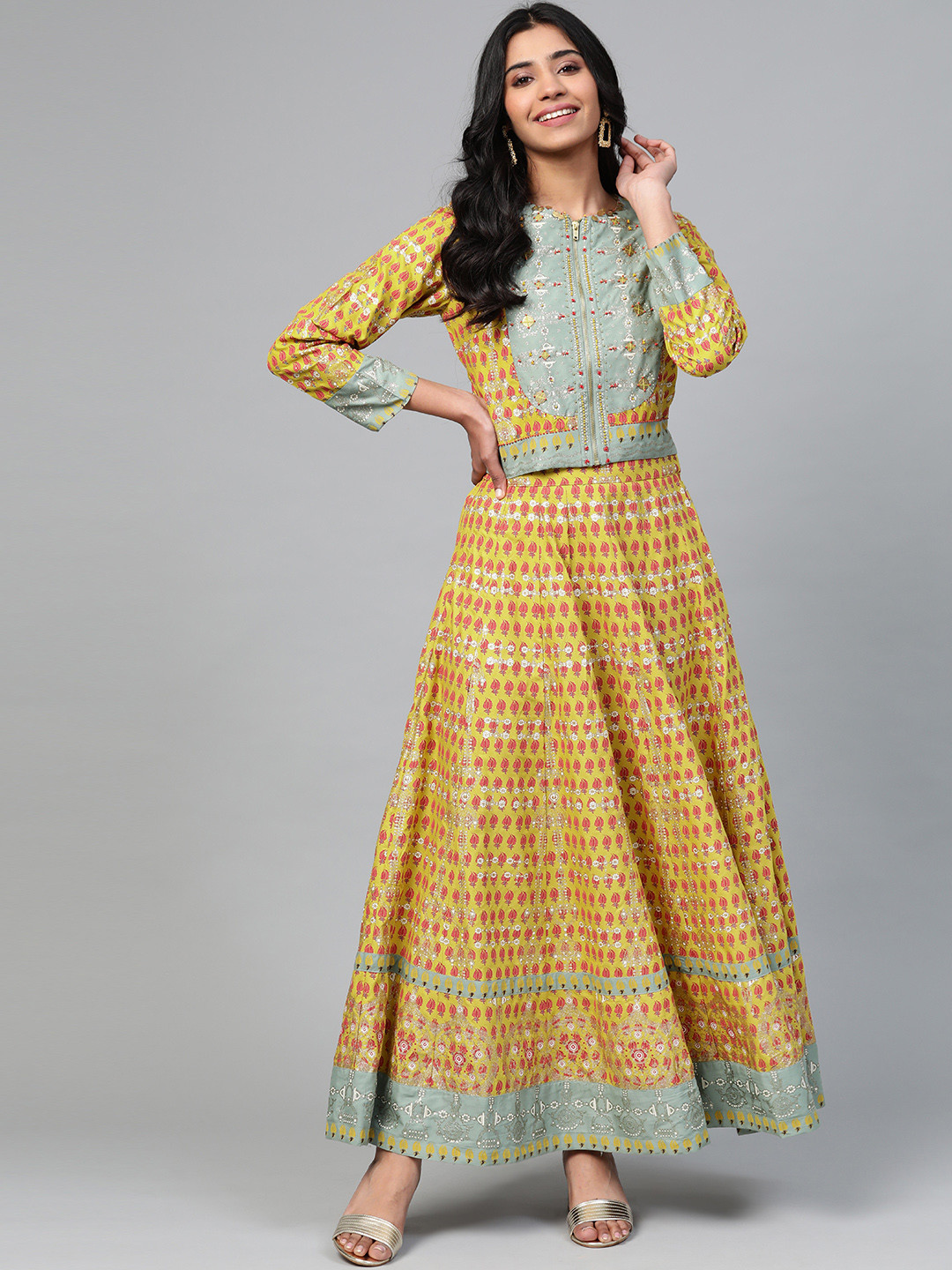 

W Women Mustard Yellow & Red Sustainable Printed Top with Skirt