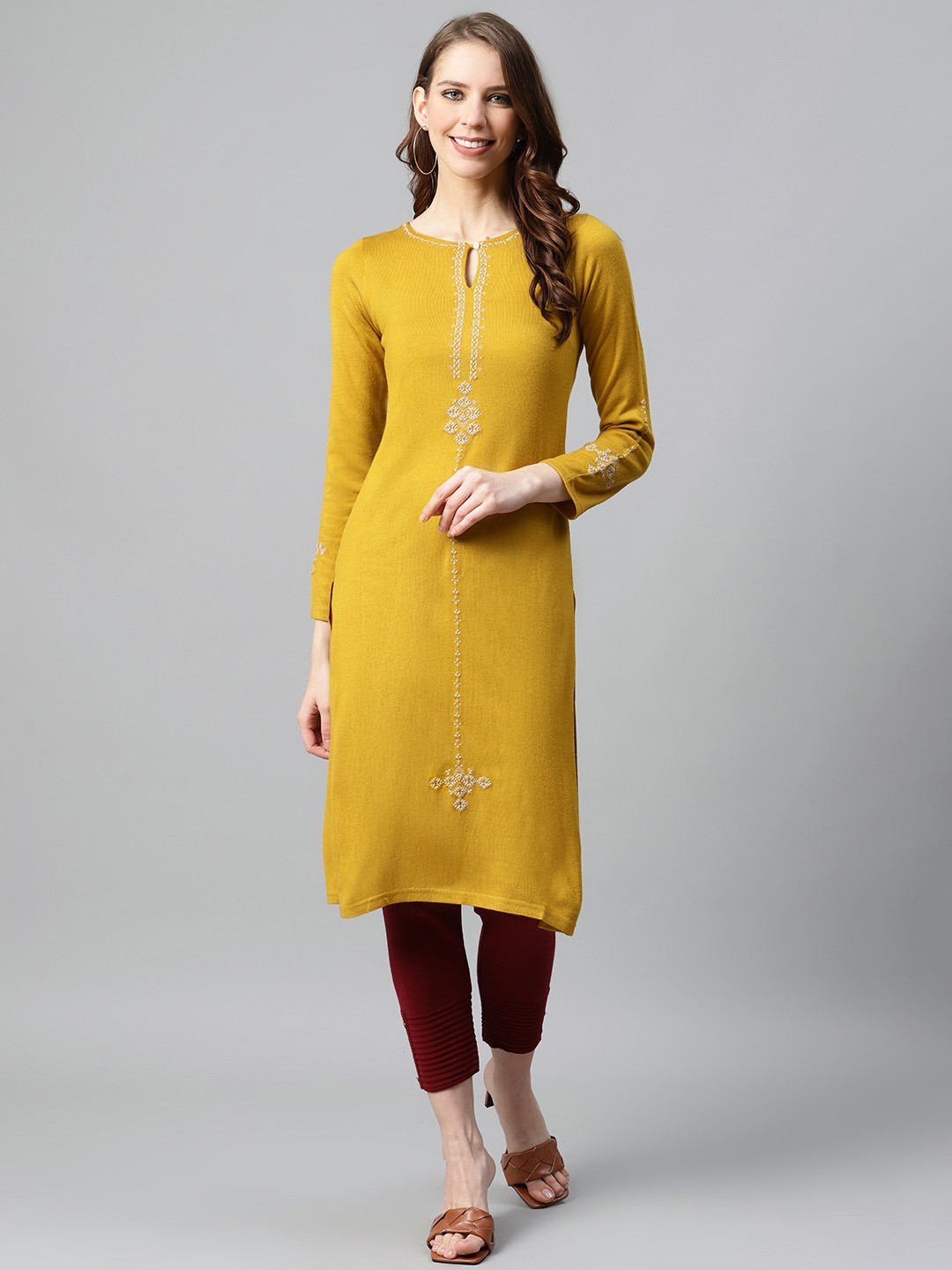 

W Women Mustard Yellow Keyhole Neck Embroidered Detail Winter Kurta