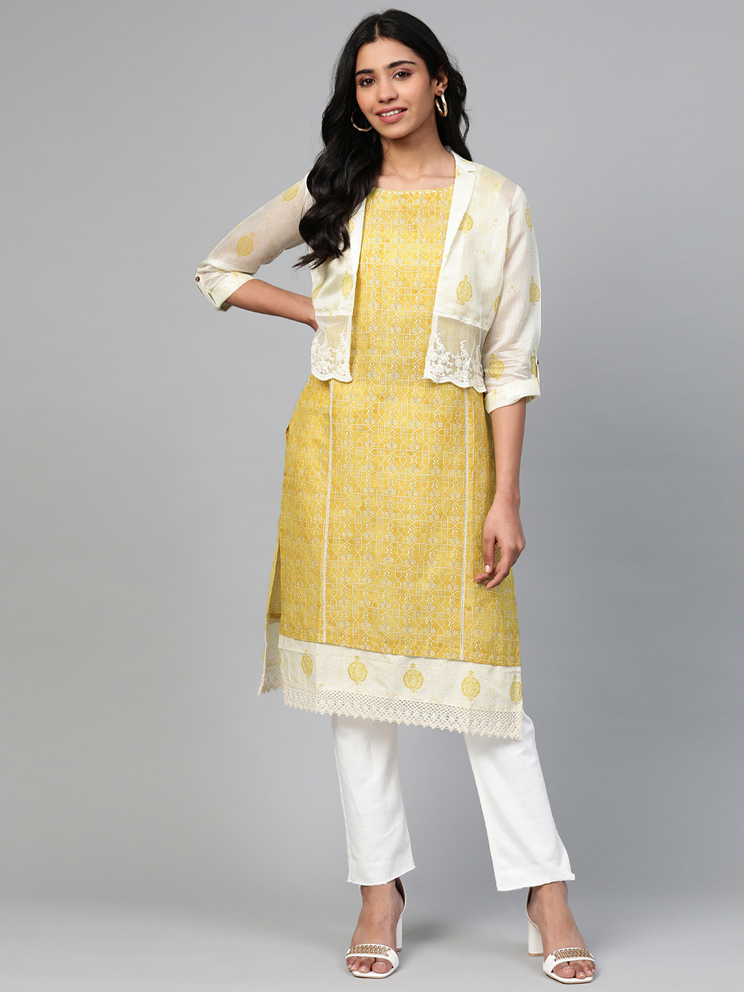 

W Women Yellow & Cream-Coloured Printed Pure Cotton Layered Straight Kurta