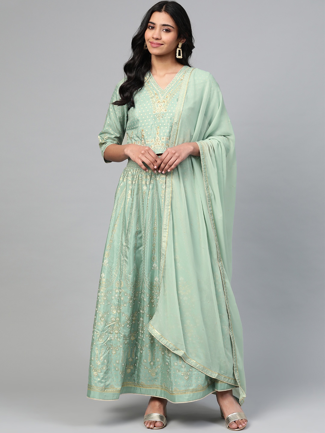 

W Women Blue & Golden Printed Top with Skirt & Dupatta