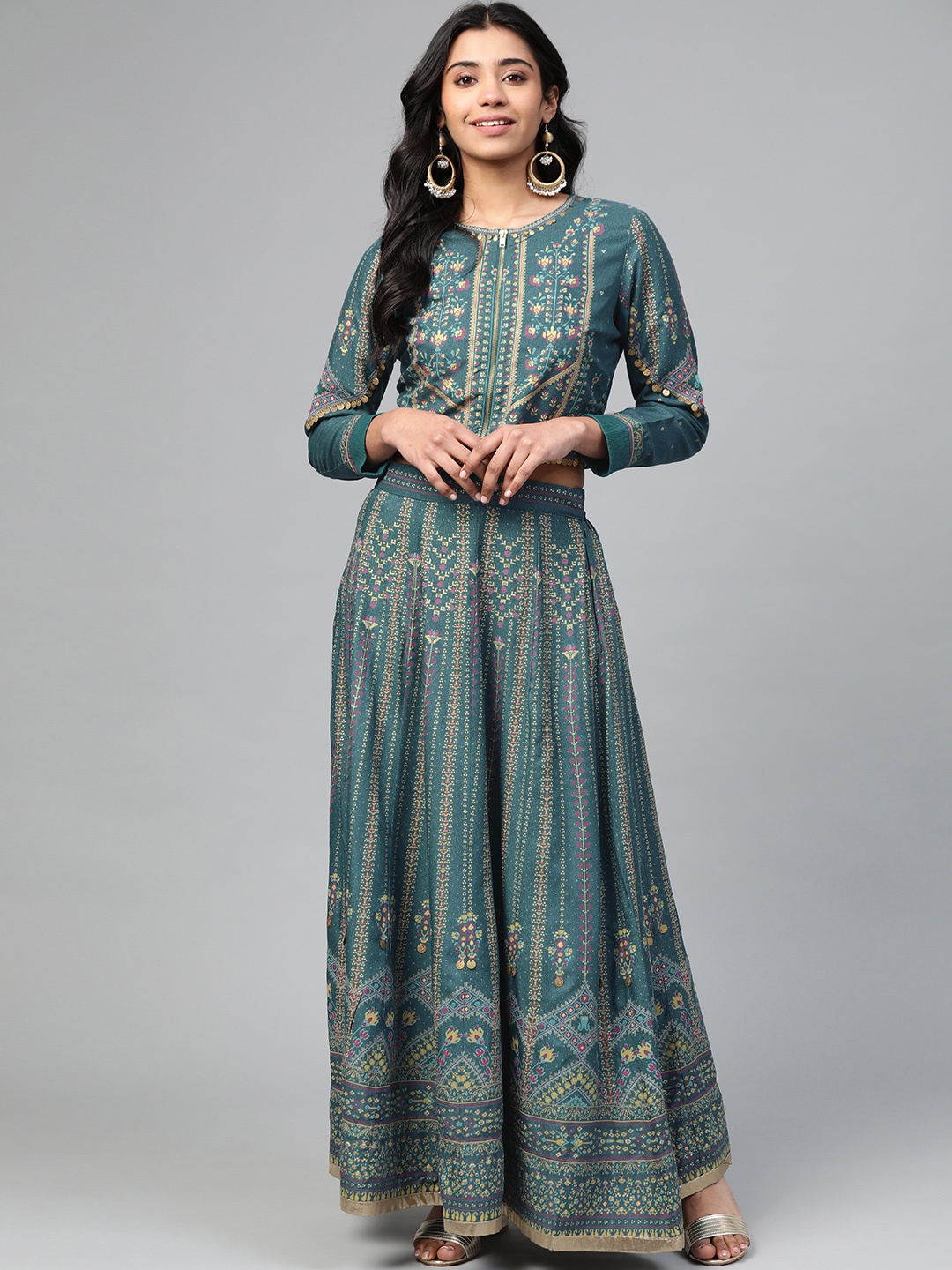 

W Women Teal Blue & Golden Sustainable Top with Skirt