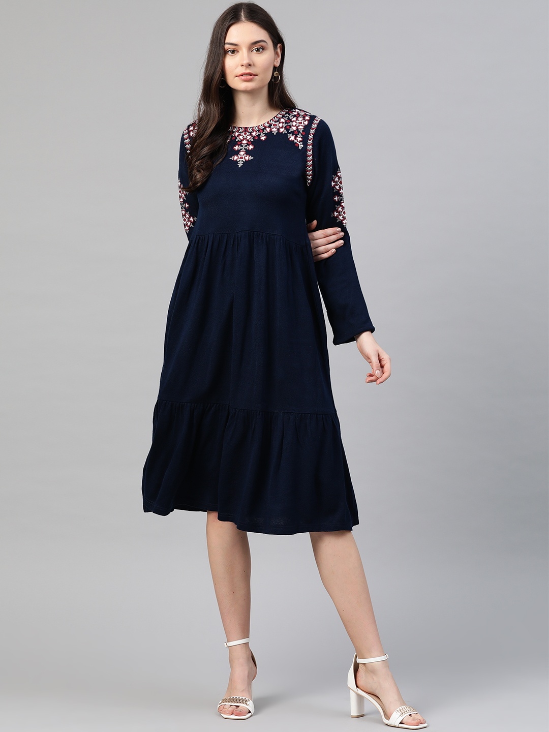 

W Women Navy Blue Embroidered Detail A-Line Winter Dress