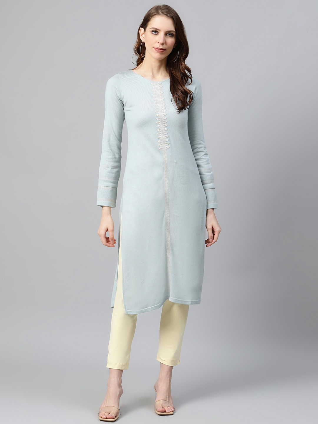 

W Women Blue Yoke Design Thread Work Winter Kurta