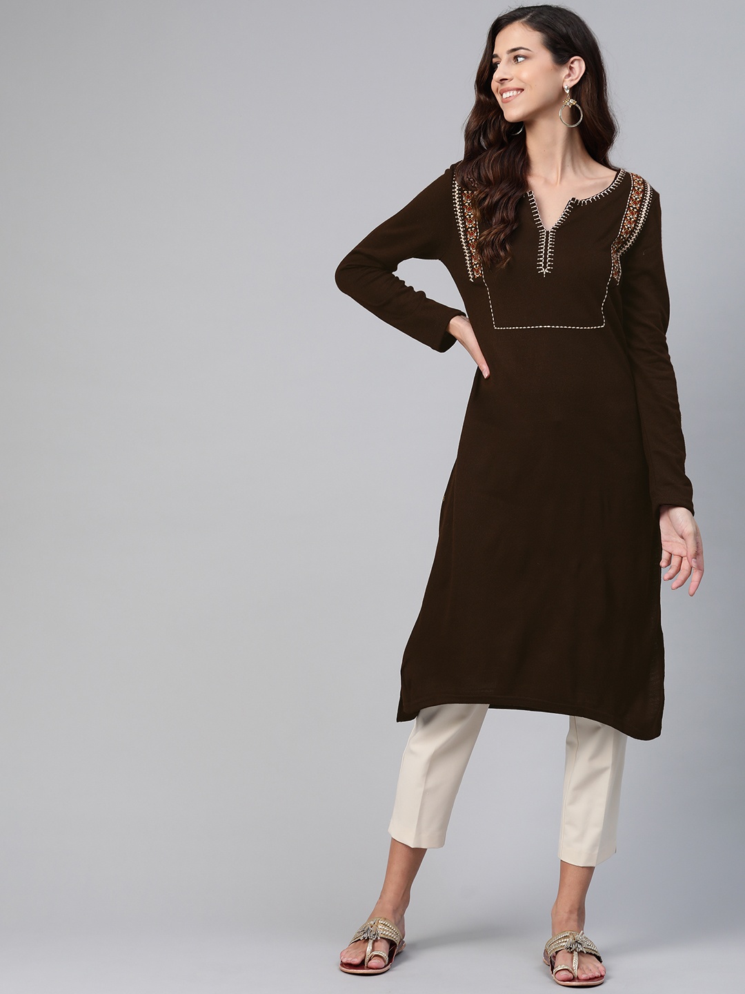 

W Women Coffee Brown Solid Kurta With Thread Work