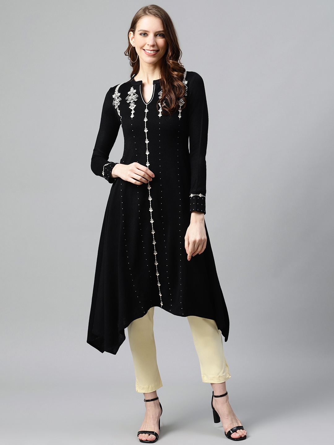 

W Women Black Ethnic Motifs Embroidered A-Line Winter Kurta