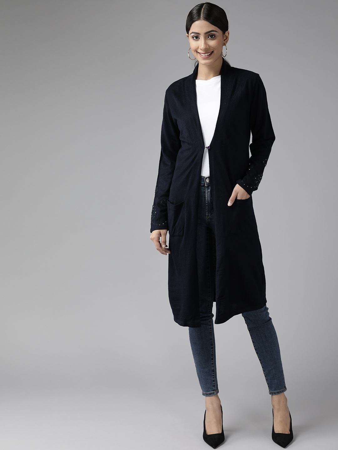 

W Women Navy Blue Longline Front Open Sweater