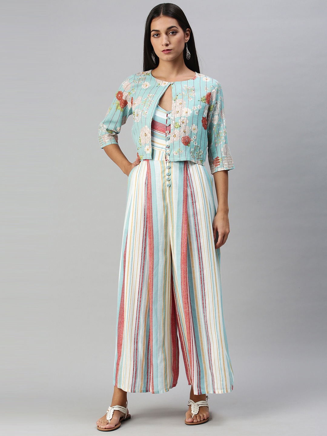 W Multicoloured Striped Basic Jumpsuit with Jacket, Multi