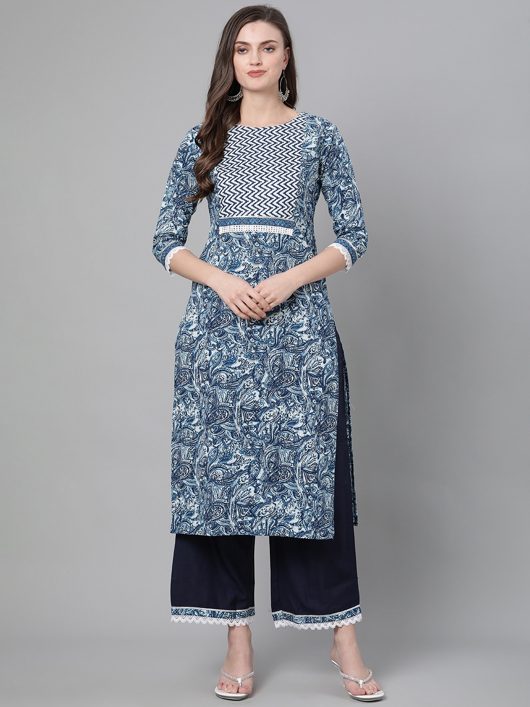 

Indo Era Women Navy Blue & White Screen Print Kurta with Palazzos