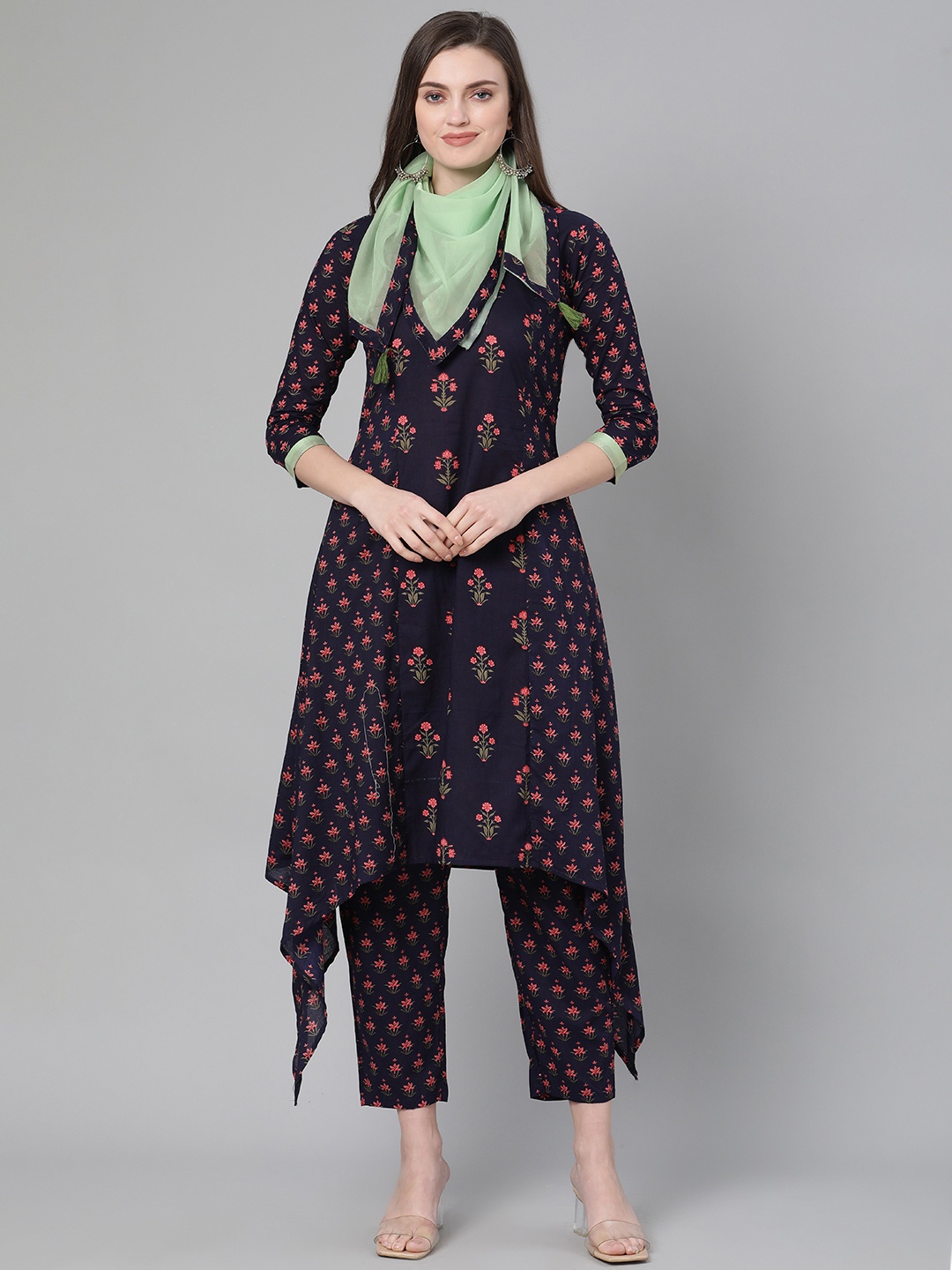 

Indo Era Women Navy Blue & Pink Printed Kurta with Trousers & Stole