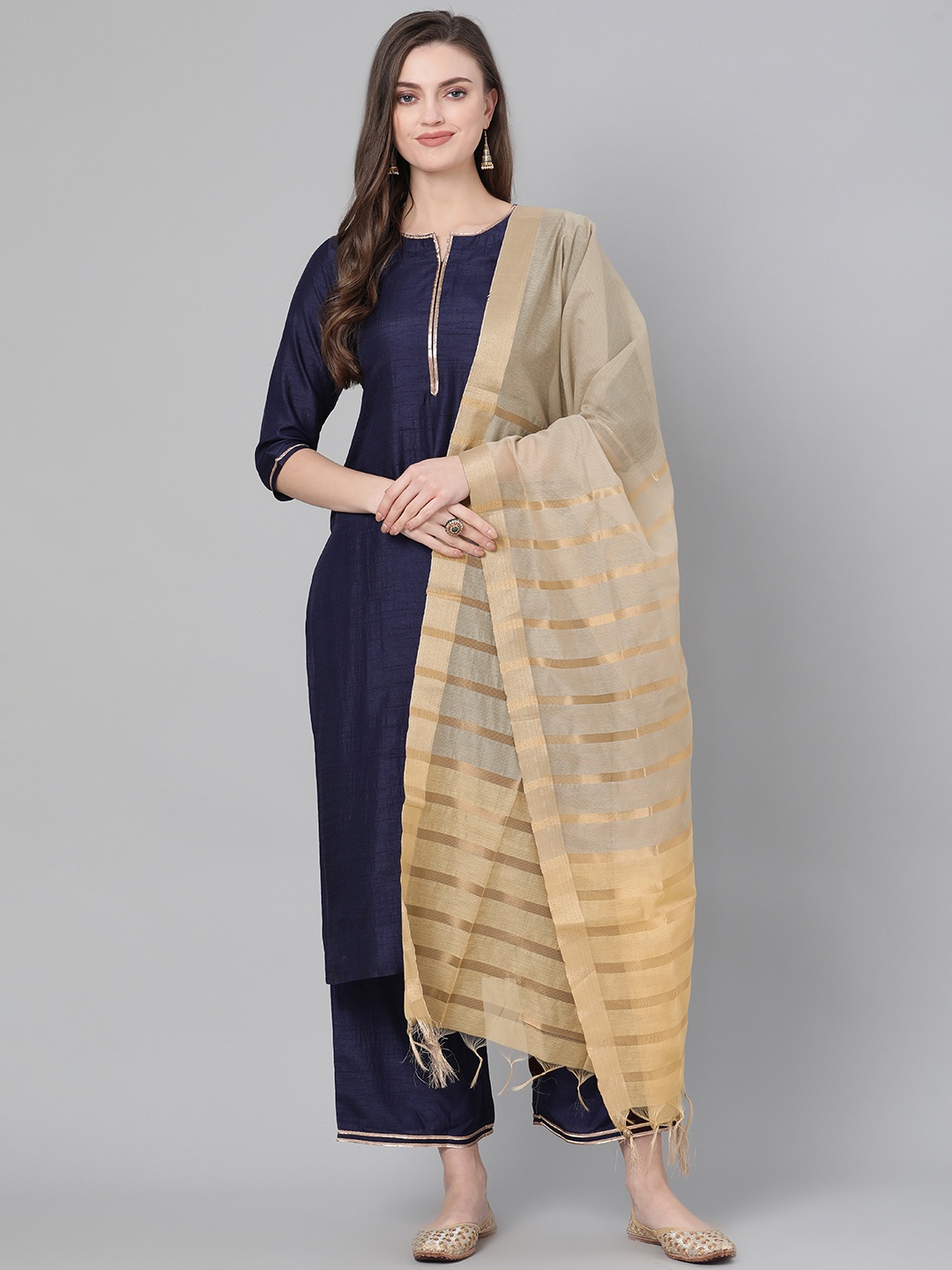 

Indo Era Women Navy Blue & Beige Solid Kurta with Palazzos & Dupatta