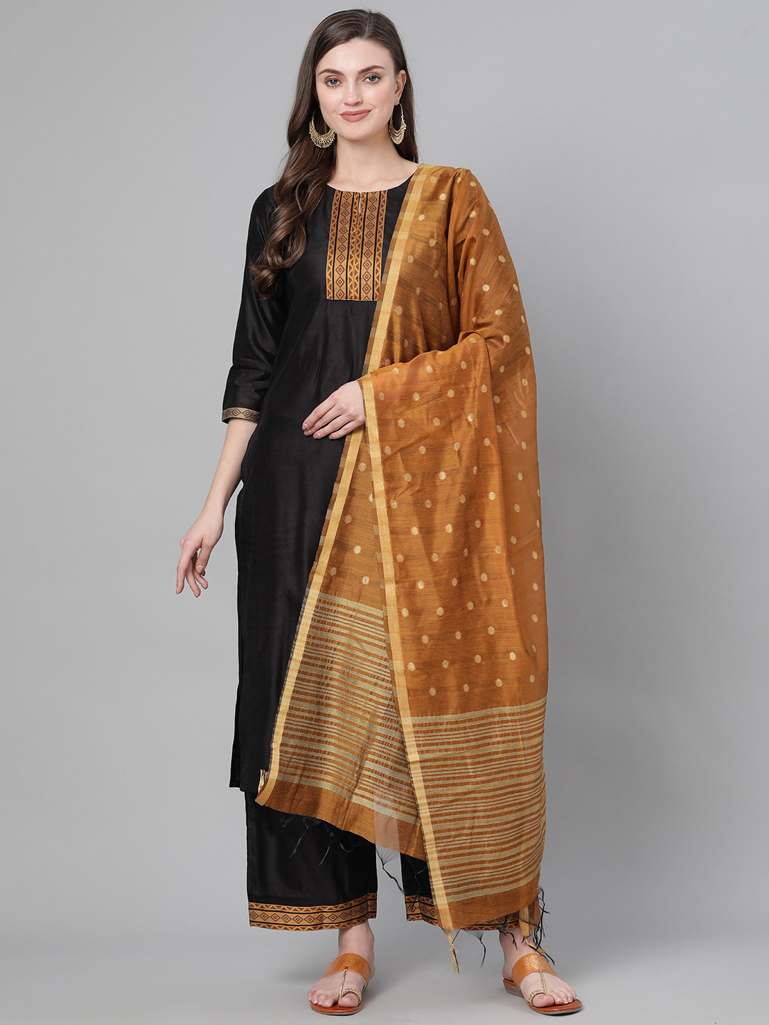 

Indo Era Women Black & Mustard Yellow Yoke Design Kurta with Palazzos & Dupatta