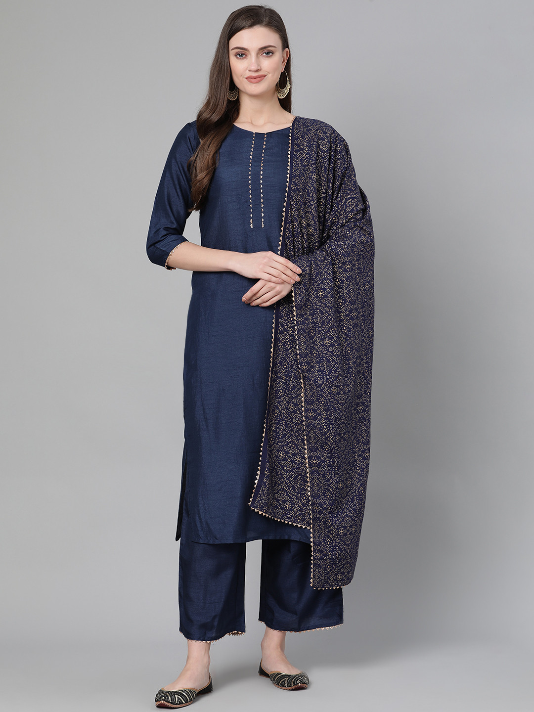 

Indo Era Women Navy Blue & Golden Solid Kurta with Palazzos & Dupatta