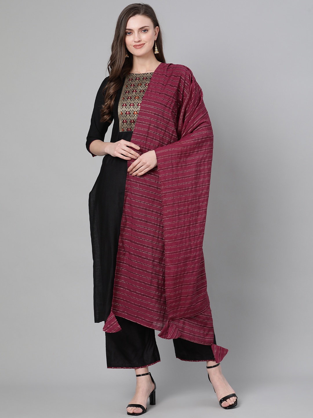 

Indo Era Women Black & Purple Yoke Design Kurta with Palazzos & Dupatta