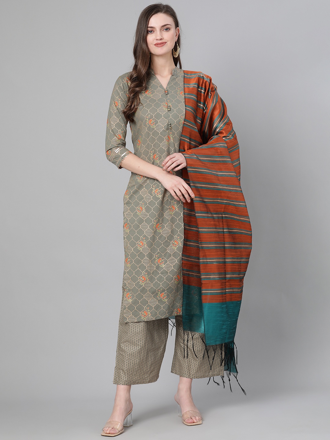 

Indo Era Women Grey & Golden Foil Print Kurta with Palazzos & Dupatta