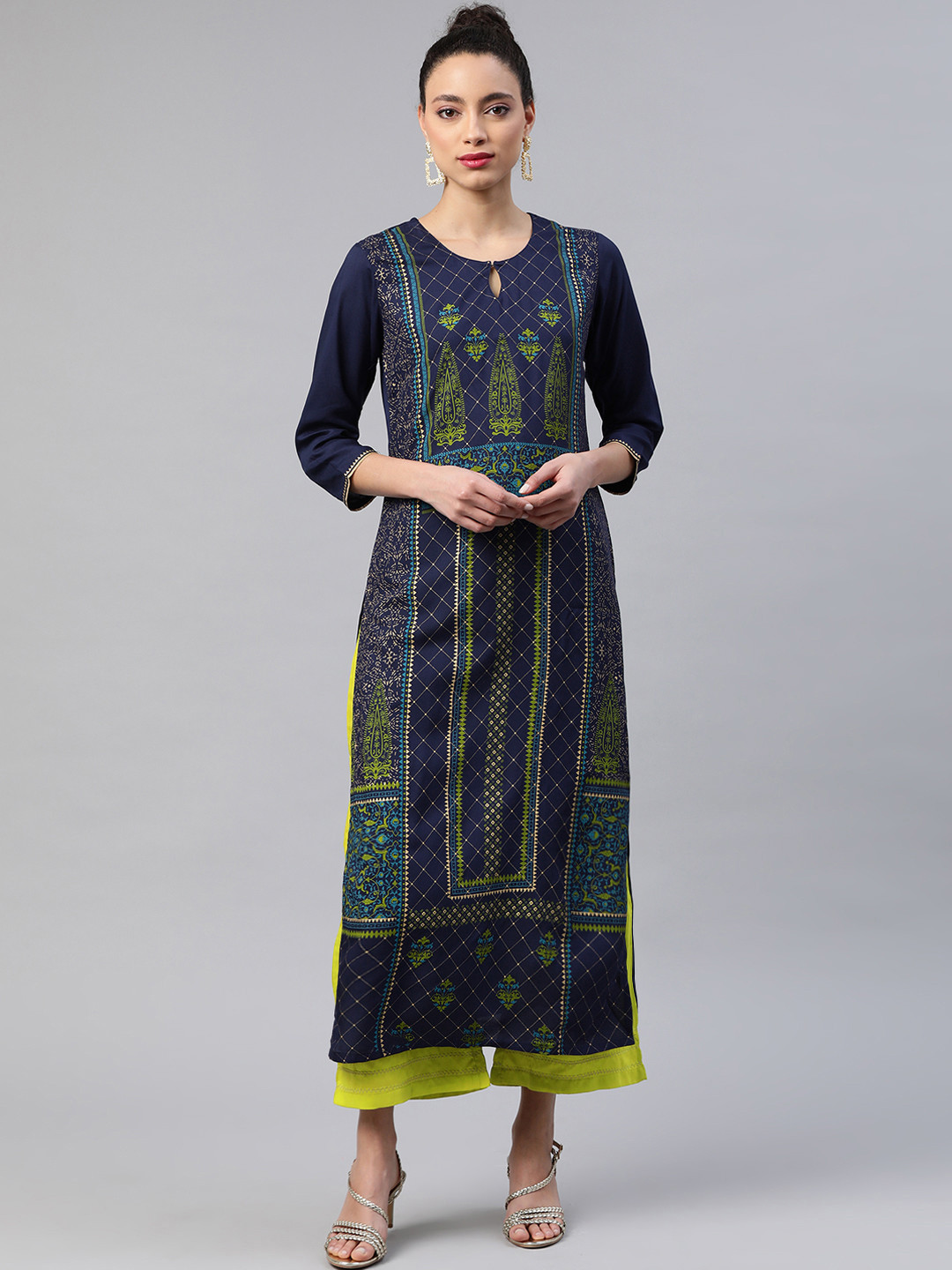 

Indo Era Women Blue & Green Foil Printed Straight Liva Kurta
