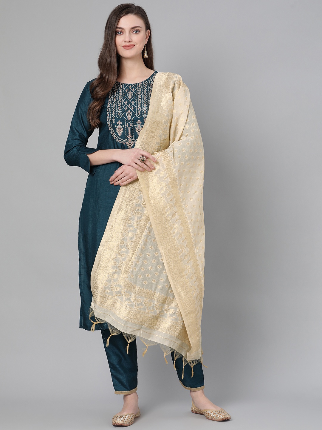 

Indo Era Women Teal Green & Cream-Coloured Yoke Design Kurta with Trousers & Dupatta