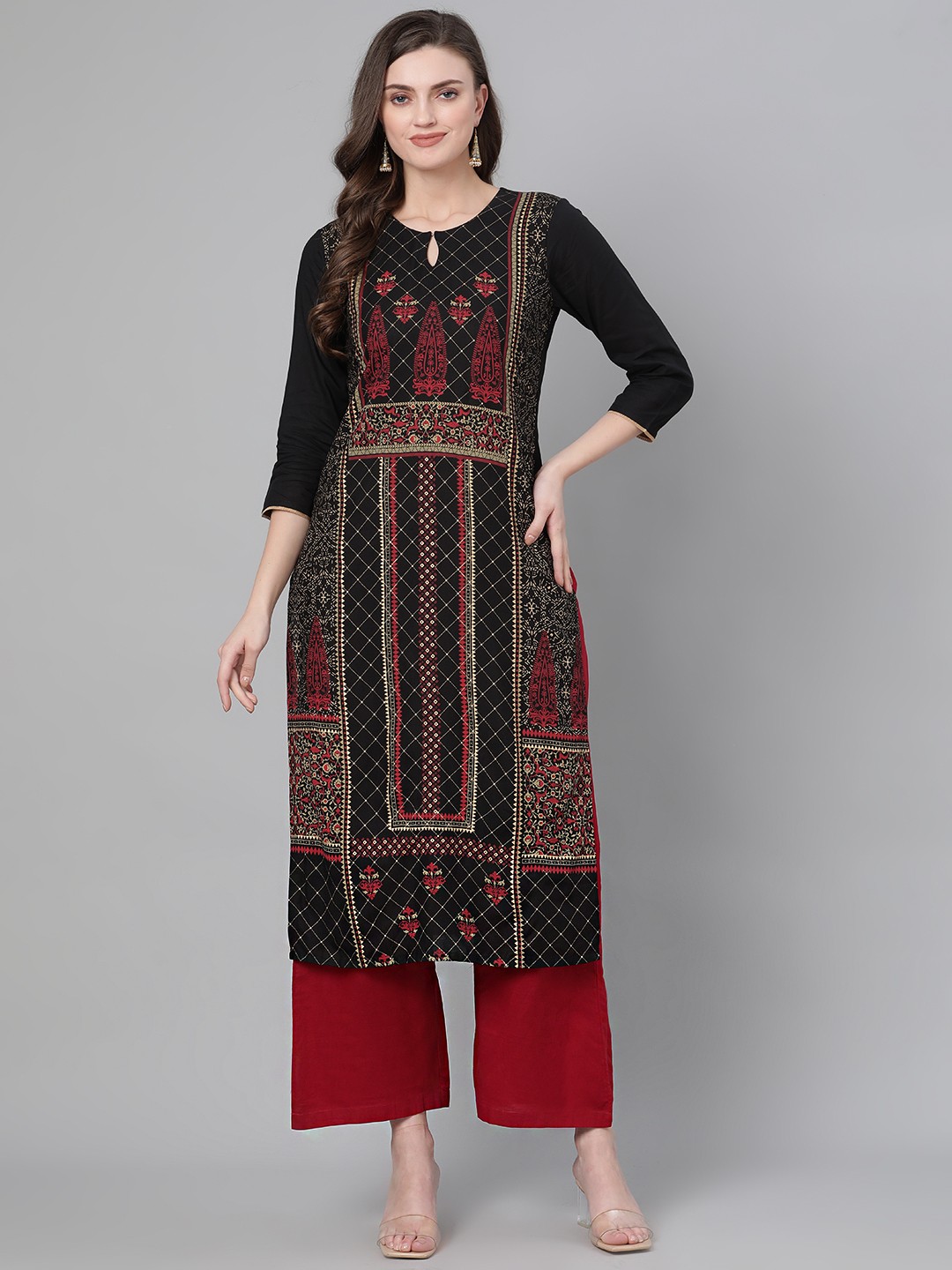 

Indo Era Women Black & Red Foil Printed Straight Liva Kurta