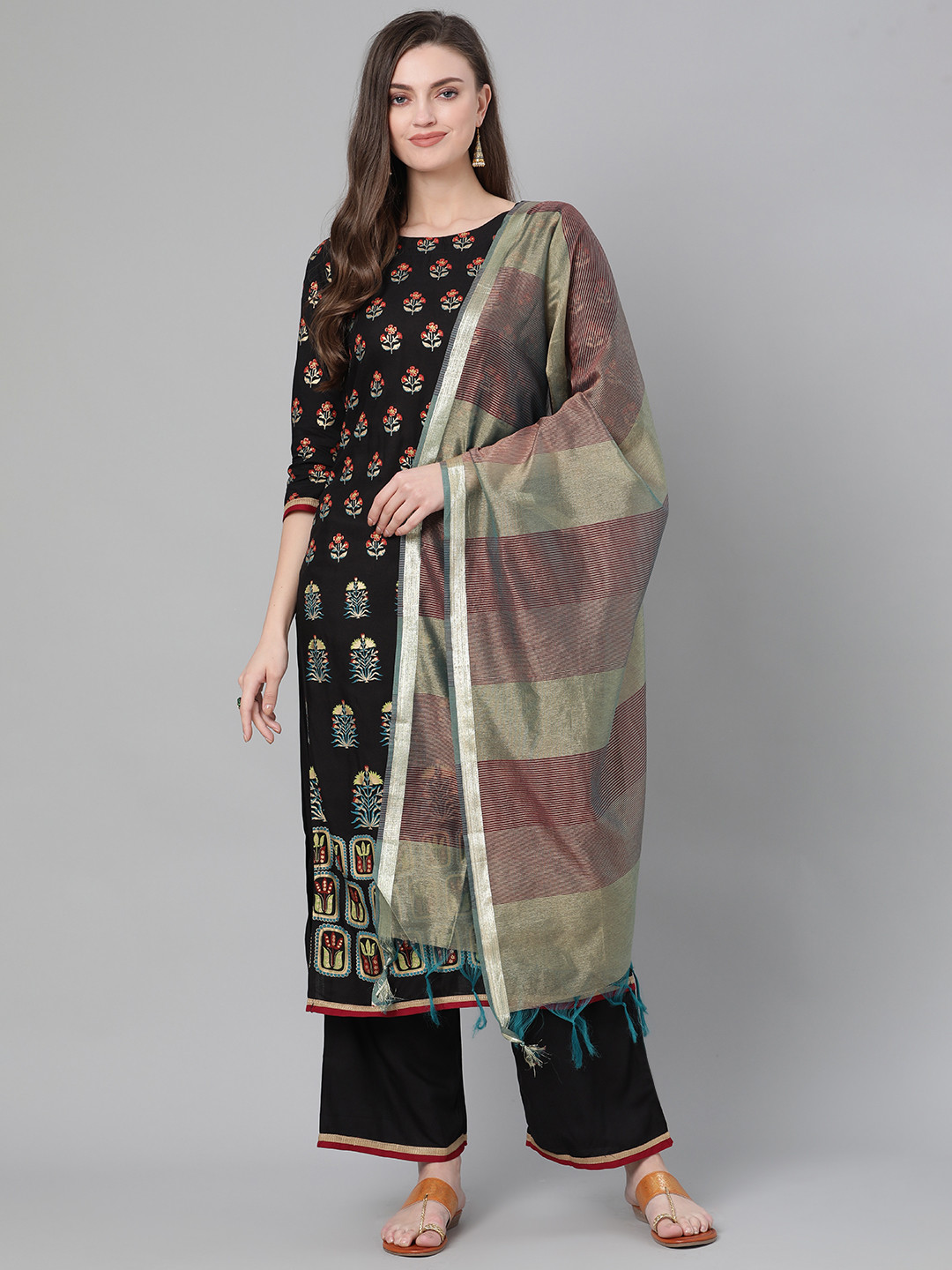 

Indo Era Women Black & Red Foil Print Kurta with Palazzos & Dupatta