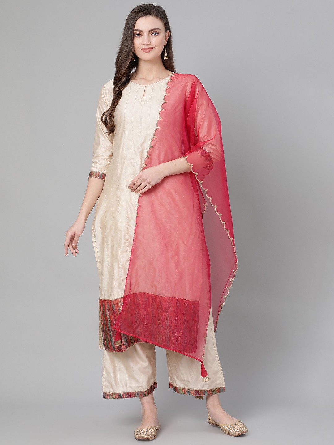 

Indo Era Women Cream-Coloured & Magenta Self Striped Kurta with Palazzos & Dupatta