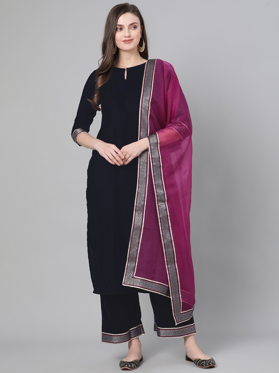 Indo Era Women Navy Blue & Pink Solid Velvet Kurta with Palazzos & Dupatta