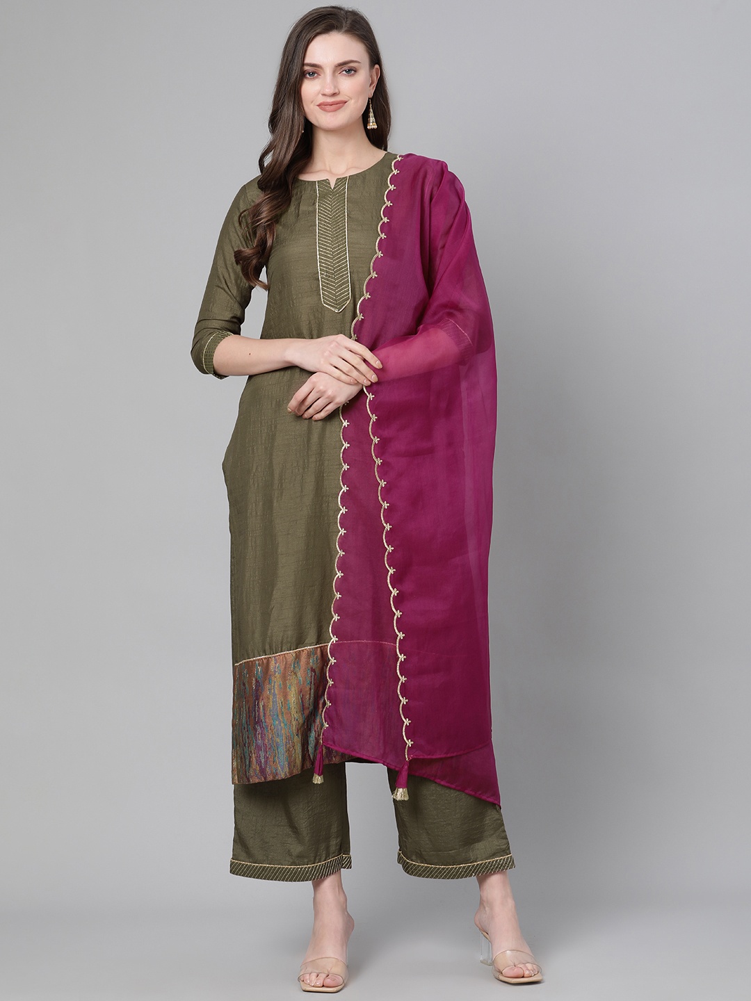 

Indo Era Women Green & Purple Solid Kurta with Palazzos & Dupatta