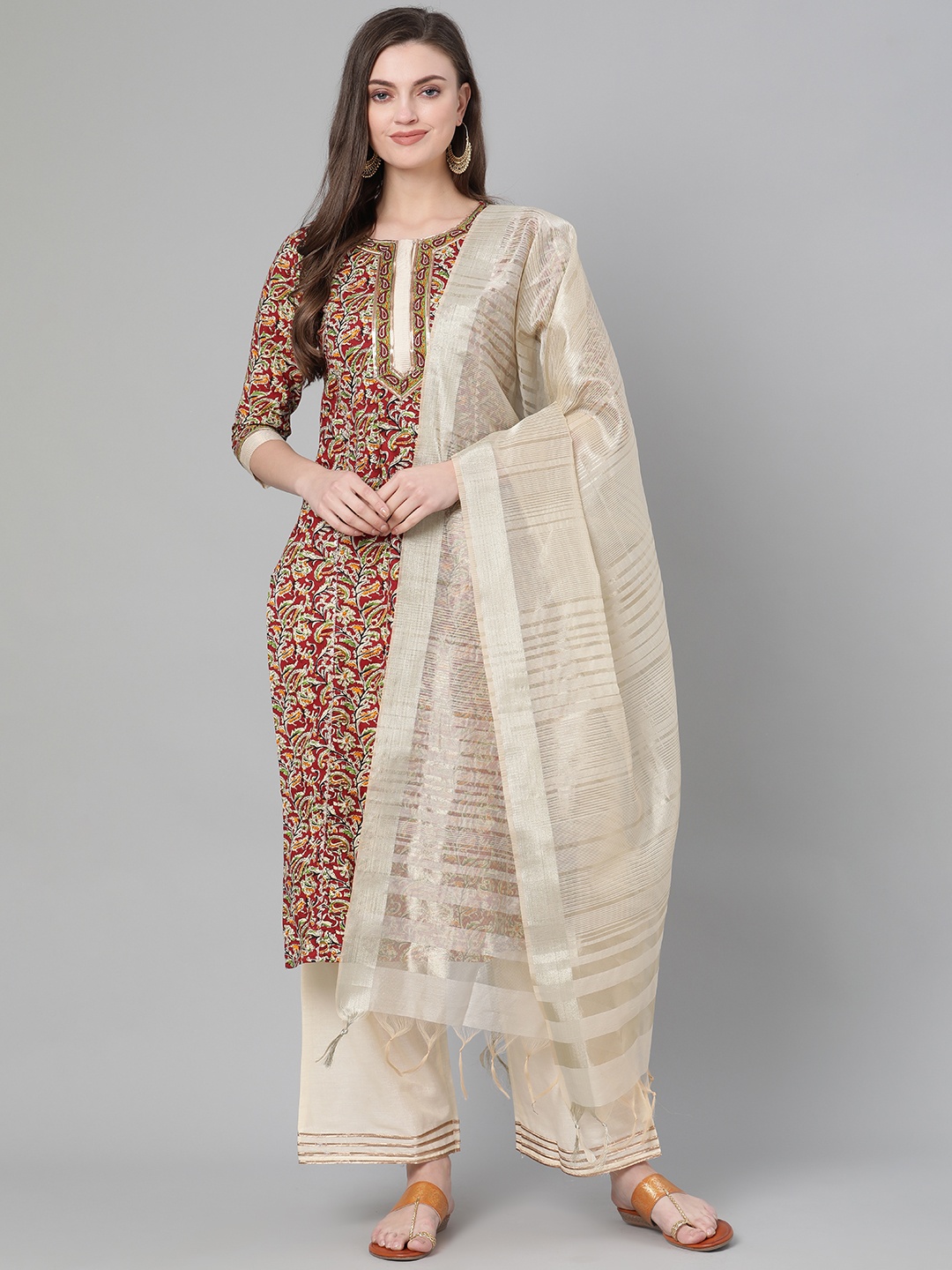 

Indo Era Women Maroon & Cream-Coloured Printed Kurta with Palazzos & Dupatta
