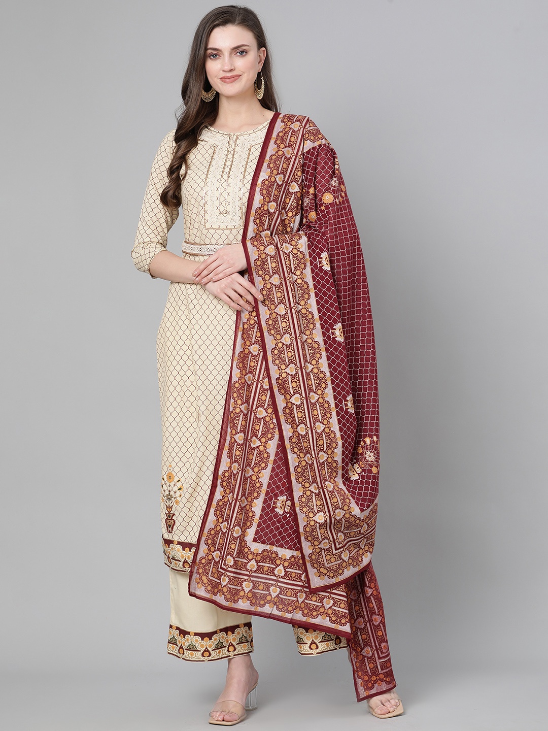 

Indo Era Women Cream-Coloured & Maroon Foil Print Kurta with Palazzos & Dupatta