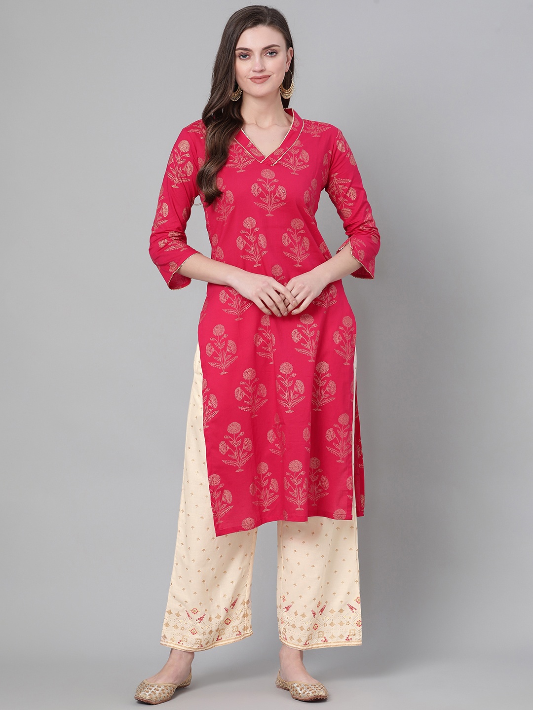 

Indo Era Women Pink & Cream-Coloured Foil Printed Kurta with Palazzos