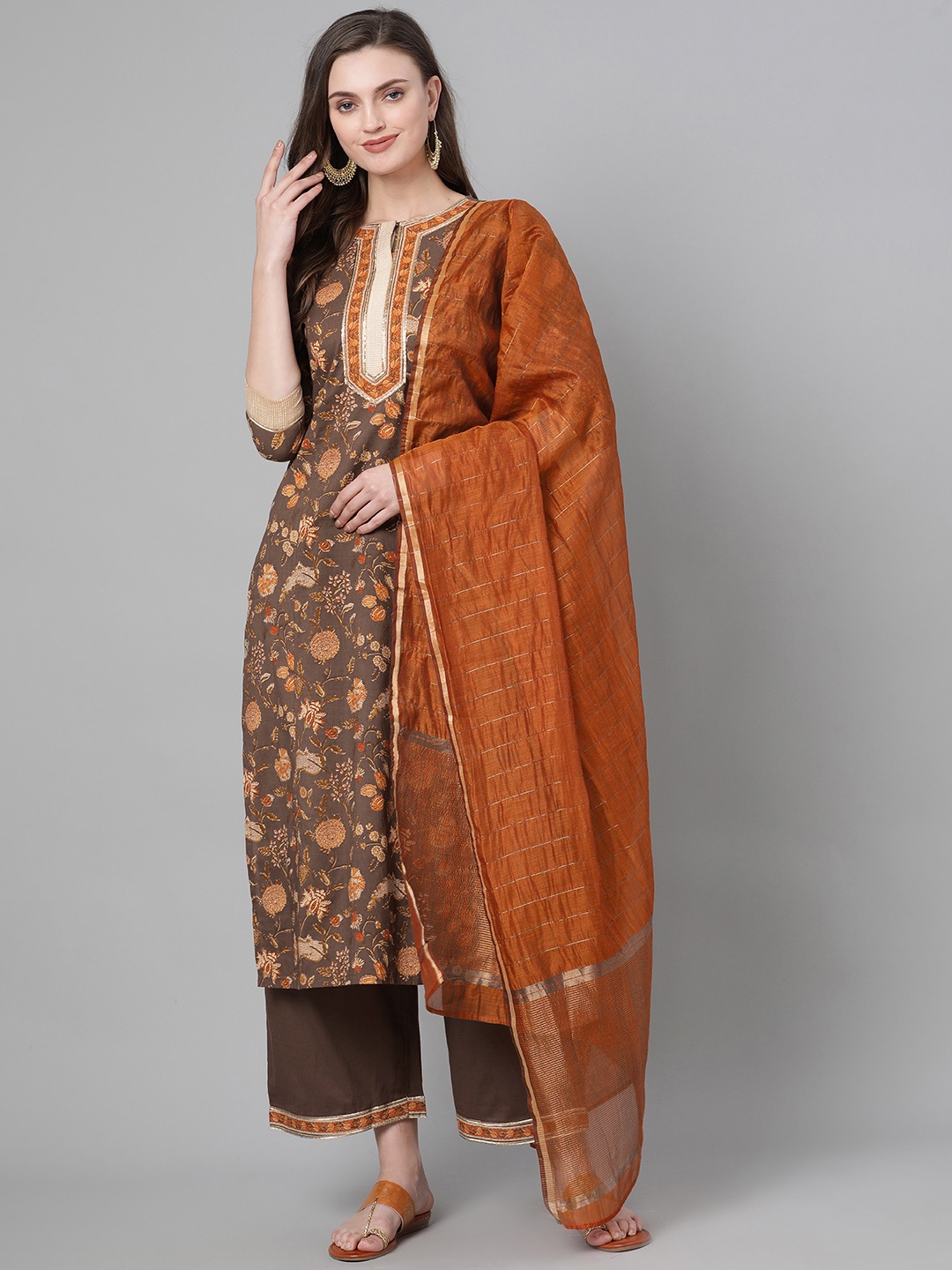 

Indo Era Women Olive Brown & Rust Orange Printed Kurta with Palazzos & Dupatta