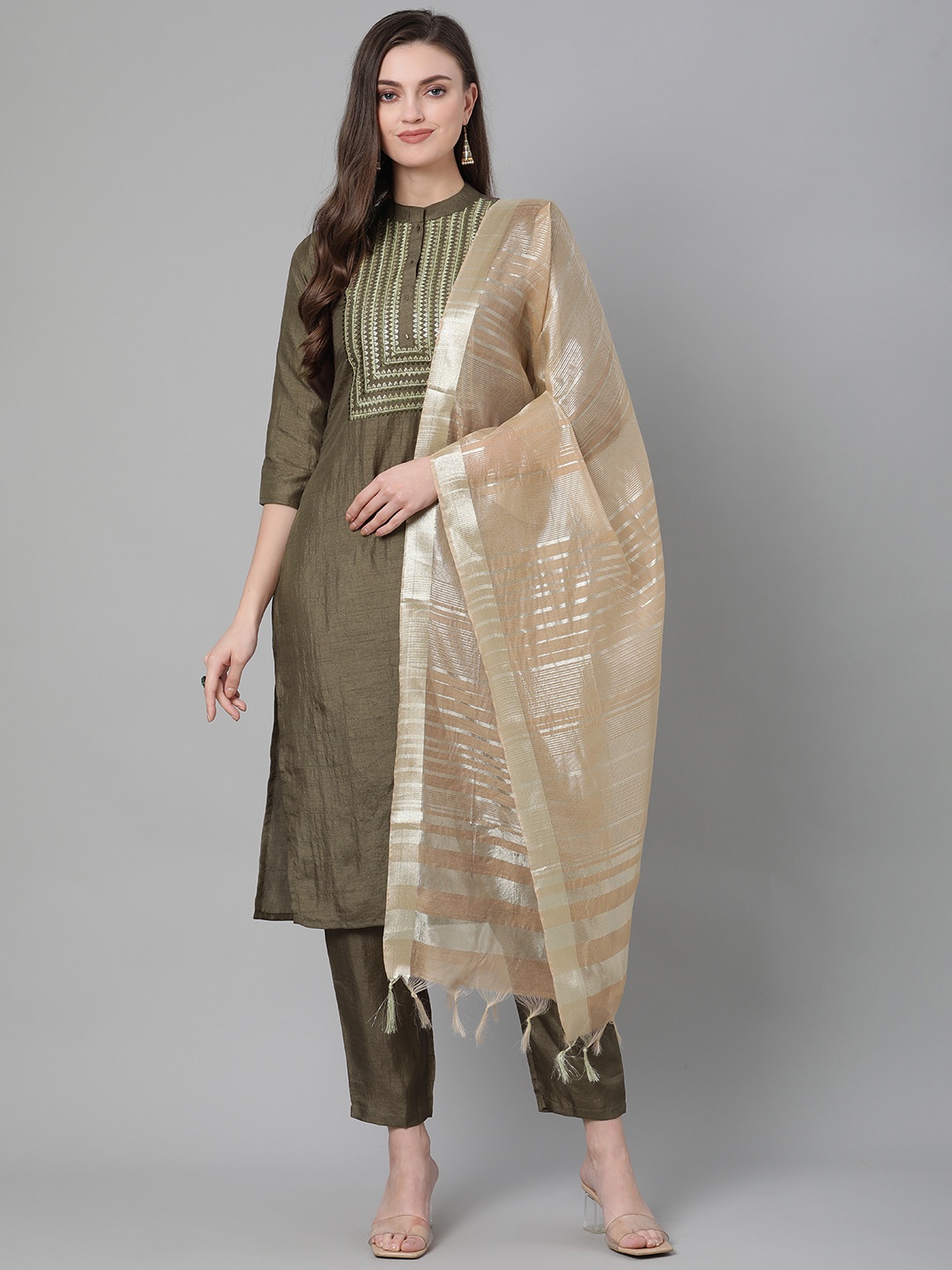 

Indo Era Women Olive Green & Golden Yoke Design Kurta with Trousers & Dupatta