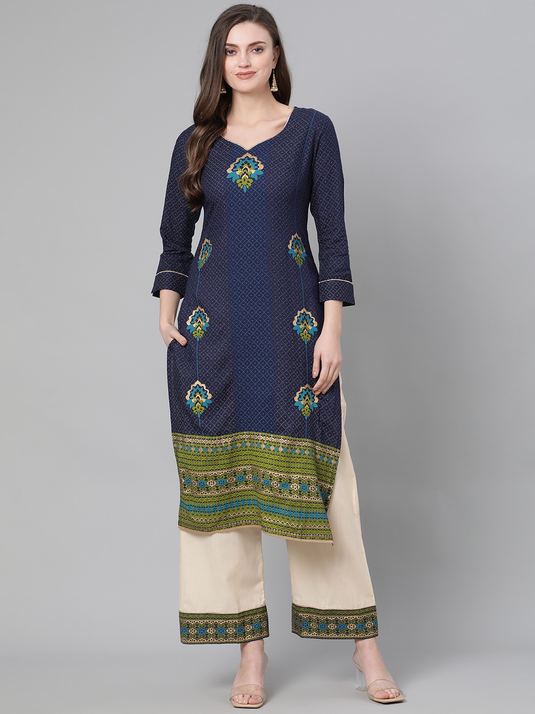 

Indo Era Women Navy Blue & Cream-Coloured Foil Print Kurta with Palazzos
