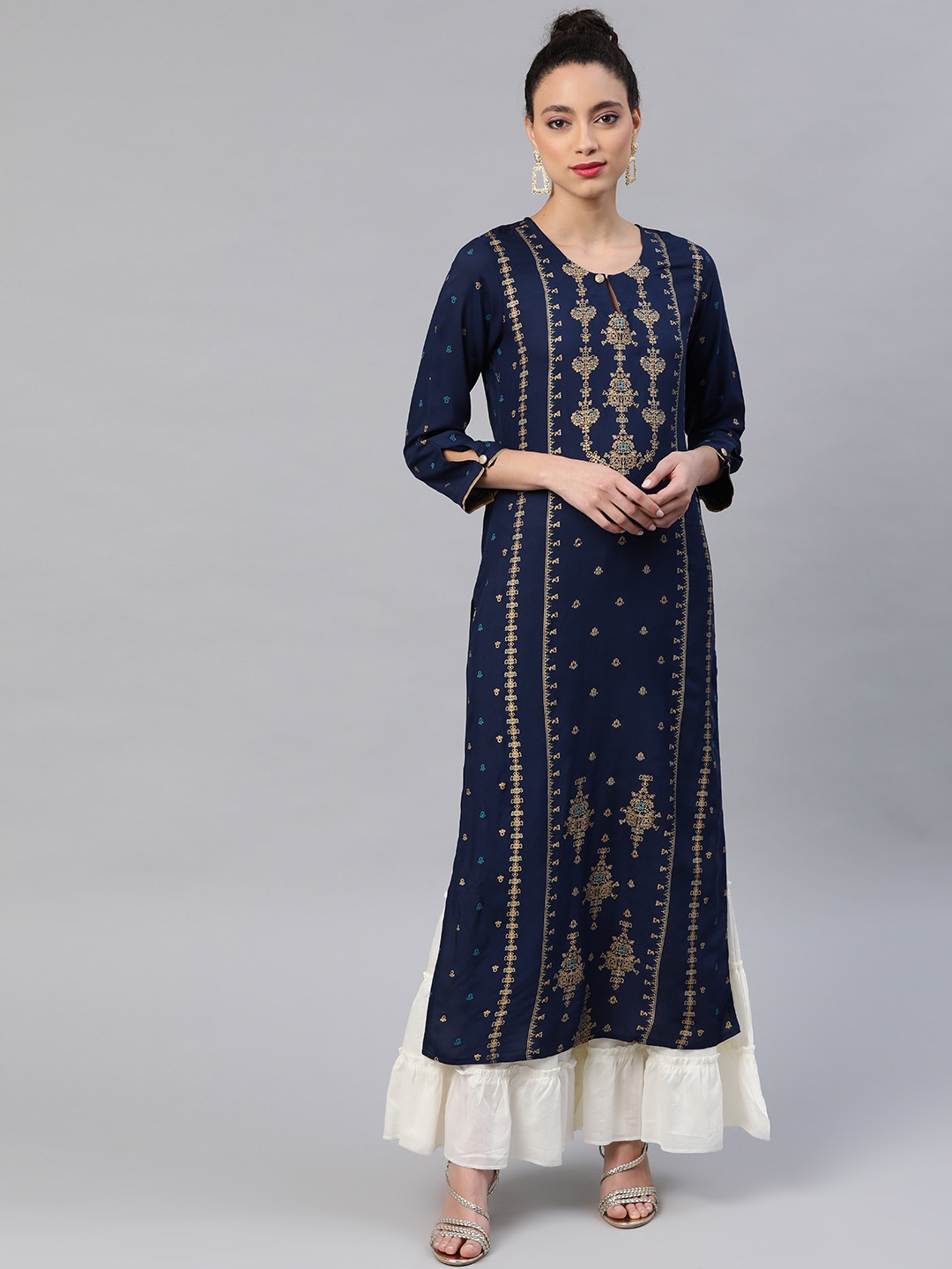 

Indo Era Women Navy Blue & Golden Liva Foil Printed Straight Kurta