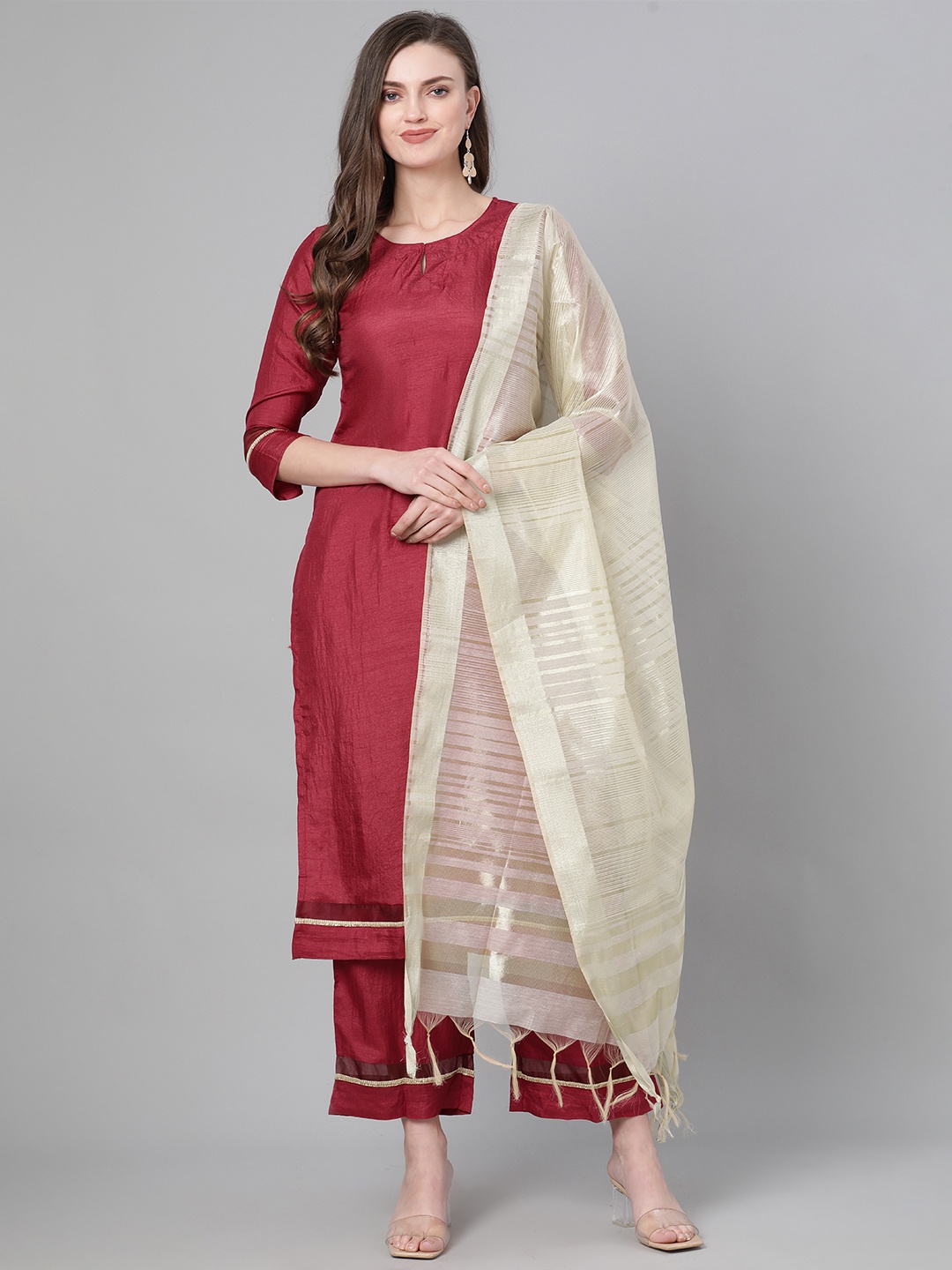 

Indo Era Women Maroon & Cream-Coloured Solid Kurta with Palazzos & Dupatta