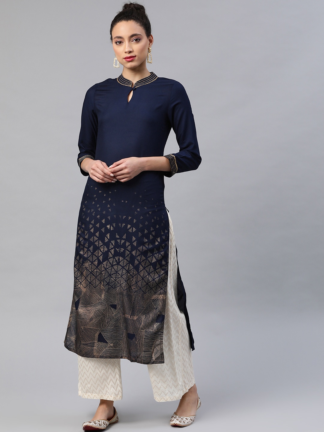 

Indo Era Women Navy Blue & Golden Printed Straight Kurta