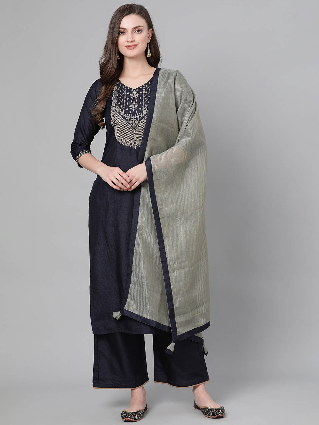 

Indo Era Women Navy Blue & Silver Zari Yoke Design Kurta with Palazzos & Dupatta