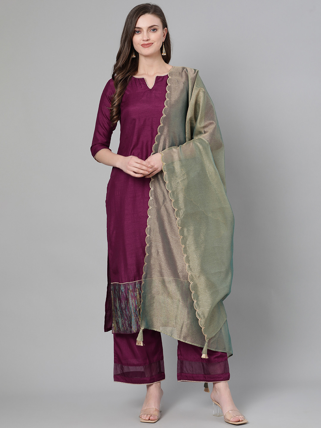 

Indo Era Women Purple & Green Solid Kurta with Palazzos & Dupatta