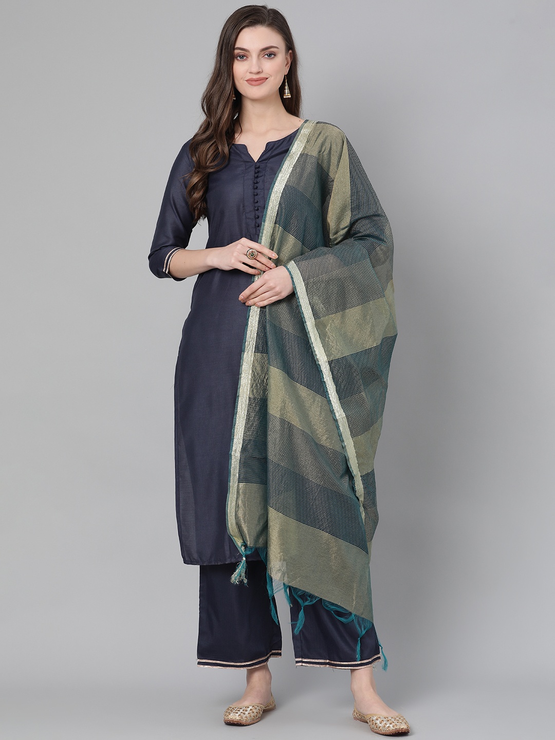 

Indo Era Women Navy Blue & Green Solid Kurta with Palazzos & Dupatta