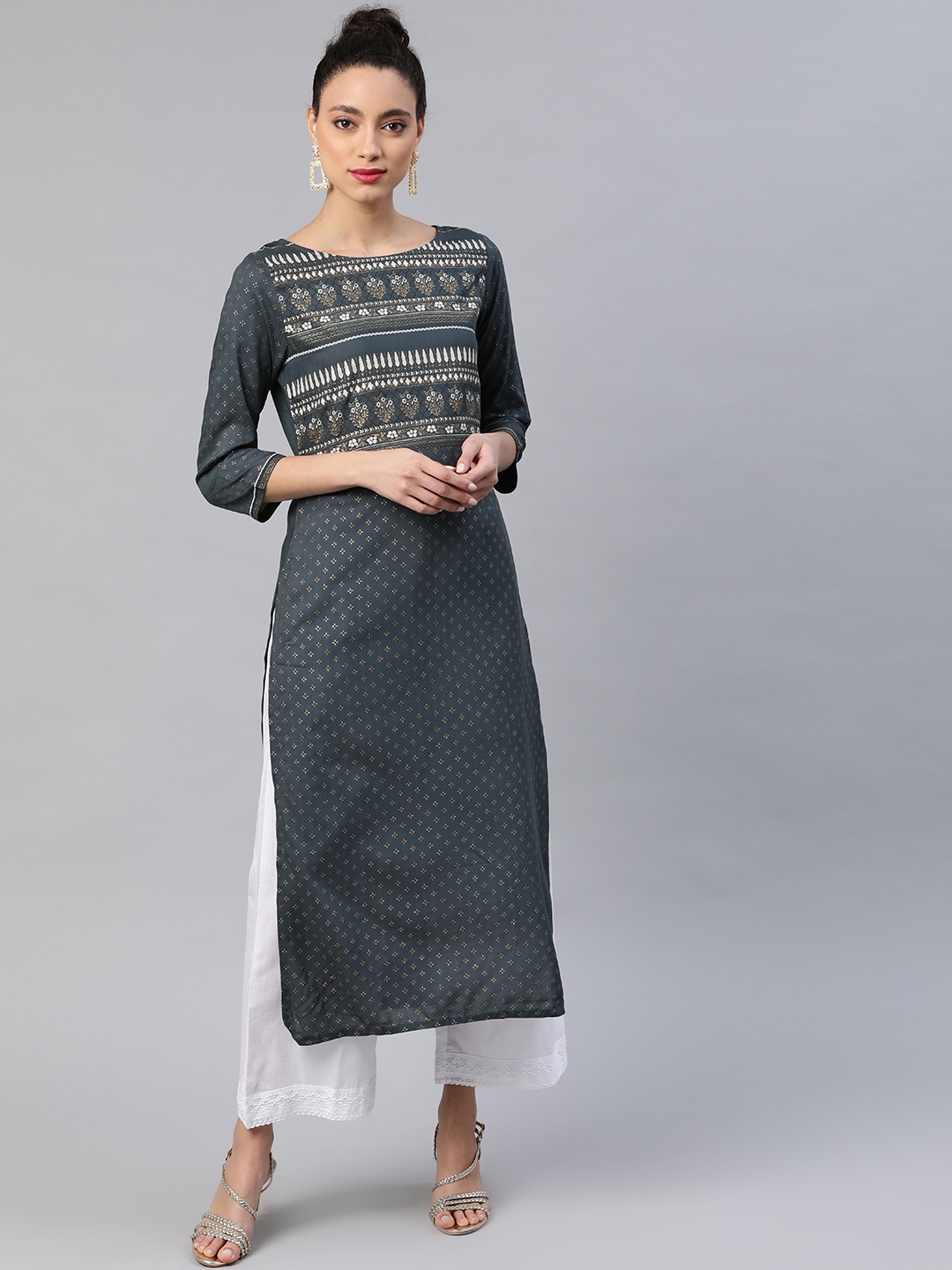 

Indo Era Women Charcoal Grey & Golden Pure Cotton Foil Printed Straight Kurta