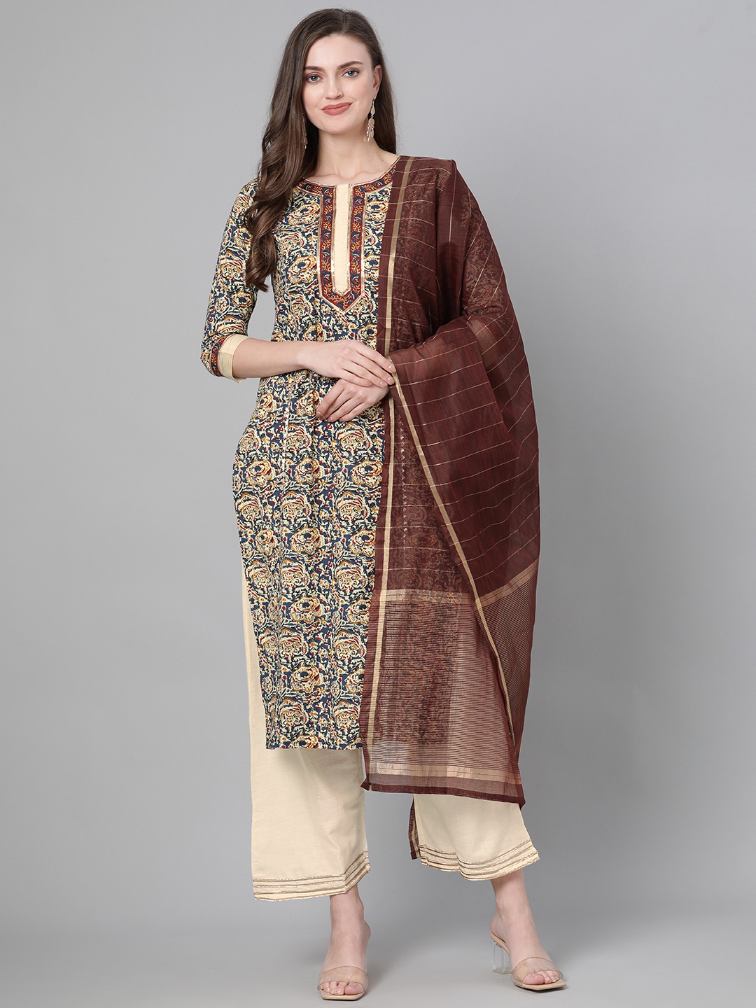 

Indo Era Women Navy Blue & Off-White Printed Kurta with Palazzos & Dupatta