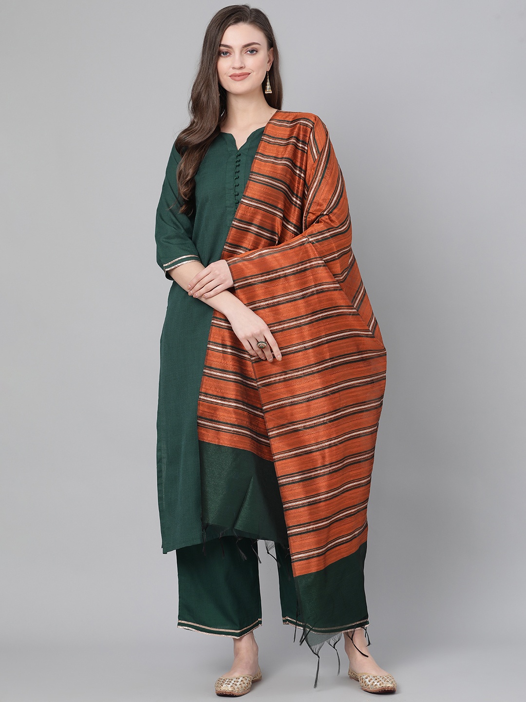 

Indo Era Women Green & Rust Orange Solid Kurta with Palazzos & Dupatta