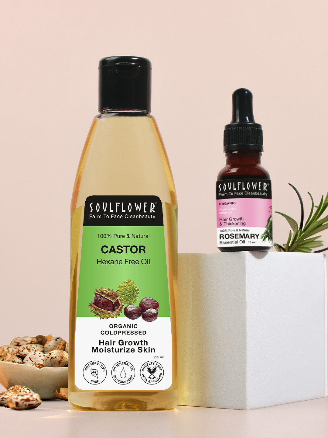 

Soulflower Set of Castor Carrier Oil 225ml & Rosemary Essential Oil 15ml, Transparent