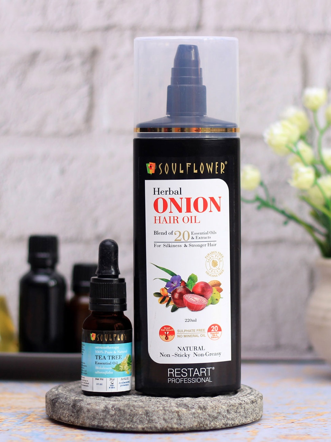 

Soulflower Onion Hair Oil & Tea Tree Essential Oil 235ml, Transparent
