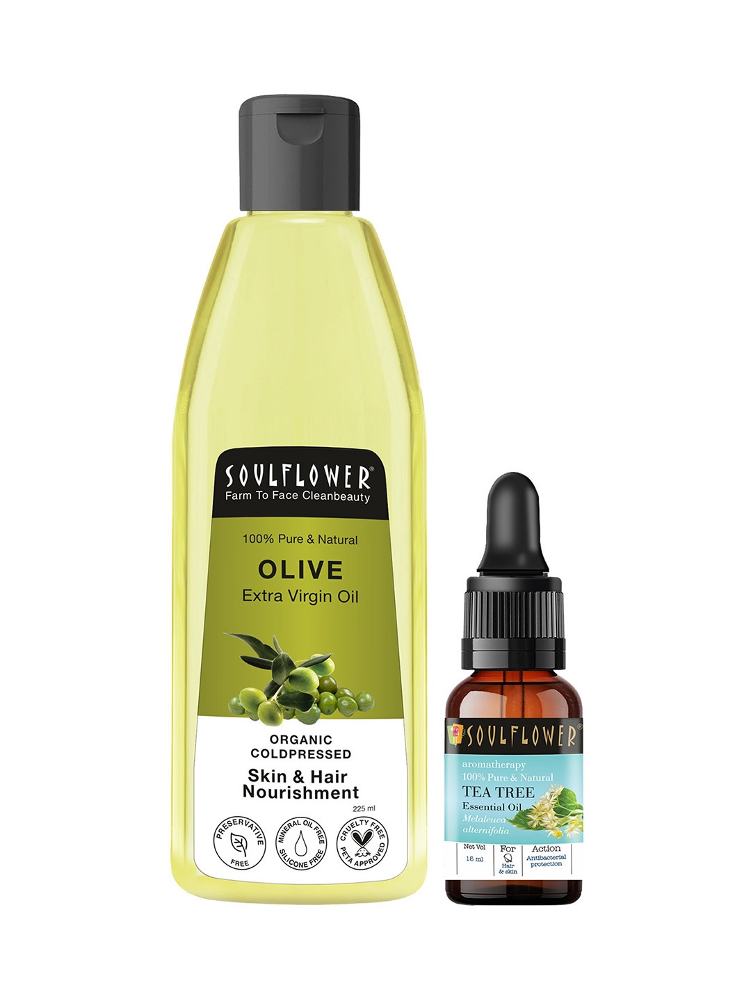 

Soulflower Set of Olive Hair Oil 225 ml & Tea Tree Essential Oil For Skin Hair 15 ml, Transparent